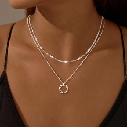 OGD Layered CZ Rondelle Pendant Necklaces for Women, 14K Gold Plated Trendy Mariner Chain Dainty Circle Rondelle Pendant Choker Necklace for Women Two-Toned Cubic Zirconia Gold Necklace - color: 3PCS-Circle-Silver