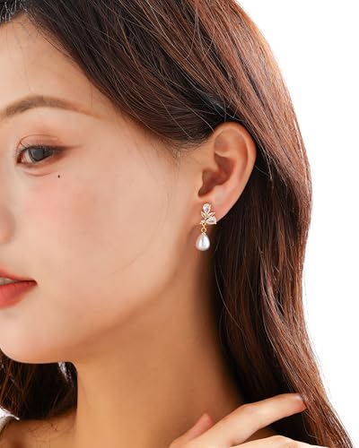 Pearl Earrings for Women, 14k Gold Plated Trendy Diamond Pearl Drop Earrings Bridal Shower Gifts Wedding jewelry for Women - color: Style J Gold