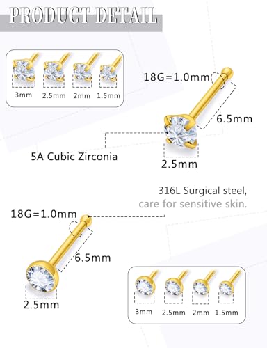 18G 20G 22G Round Cubic Zirconia Nose Rings Studs for Women Men 316L Stainless Surgical Steel Nose Ring Stud Piercing Jewelry Silver Gold Clear CZ 1.5mm 2mm 2.5mm 3mm - style: 18G Straight Gold