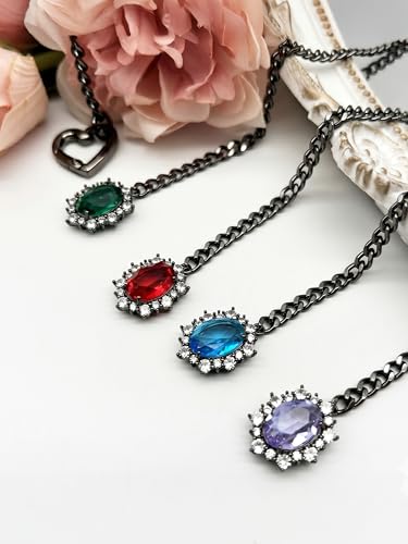 Women's Heart O-Ring Slip Chain Necklace, Double Layered Adjustable 39'' Cuban Chain with Detachable Heart Clasp and Colorful Rhinestone Pendant - color: 25'' Black-Ocean Blue
