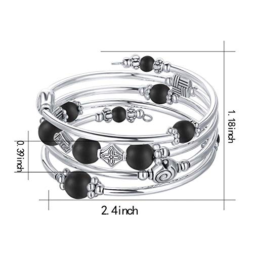 Beaded Pearl Bangle Wrap Bracelet - Fashion Bohemian Jewelry Multilayer Charm Bracelet with Thick Silver Metal Beads, Gift For Women - color: Matte Black