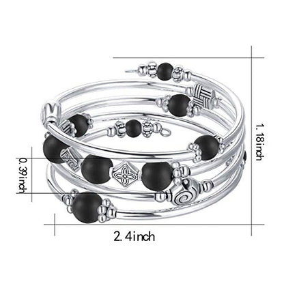 Beaded Pearl Bangle Wrap Bracelet - Fashion Bohemian Jewelry Multilayer Charm Bracelet with Thick Silver Metal Beads, Gift For Women - color: Matte Black