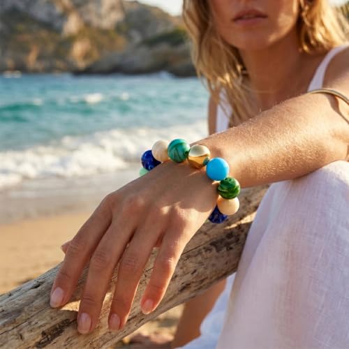 WOWORAMA Chunky Beaded Bracelets for Women Colorful Large Square Beads Bracelet Boho Acrylic Resin Stretch Bracelets Statement Chunky Bracelet Summer Jewelry - color: Large-blue