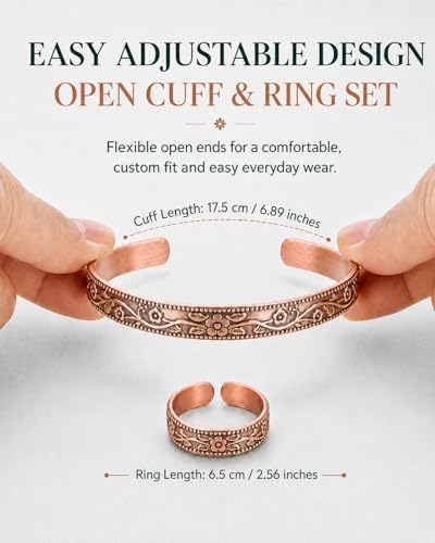 BioMag Pure Copper Bracelet & Ring for Women Men, 99.99% Solid Handmade Copper Cuff Bangle, Adjustable Jewelry Gift with Gift Box - color: Copper-Flower