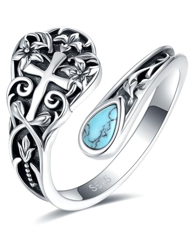 S925-Sterling-Silver Abalone Dragonfly-Turquoise Spoon Ring - Vintage Boho Sunflower Thumb Oxidized Wrap Rings Victorian Style Antique Floral Jewelry Gifts for Women - color: Cross Spoon Ring