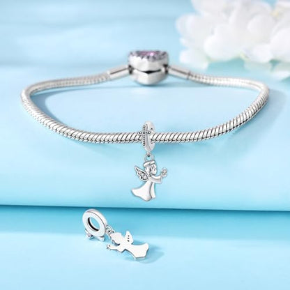 925 Sterling Silver Charms for Bracelets and Necklace Religious Cross Pendants Praying Hands, Bible, Virgin Mary, Jesus, Church Bead Jewelry - color: Angel Cross
