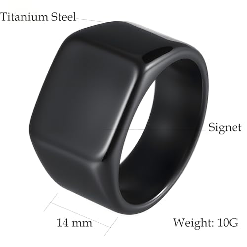 Mens Stainless Steel Plain Signet Rings 4/7/10/14MM Rectangular Pinky Rings | High Polish Classic Blank Thumb Rings, Everyday Comfit Wear, Gift for Men - color: Black14