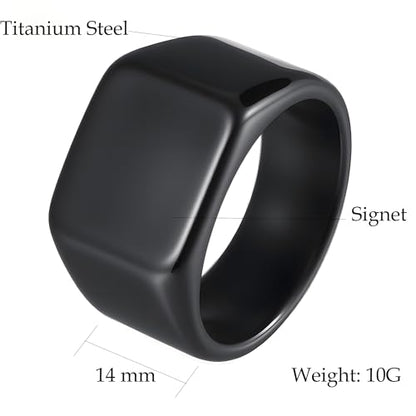 Mens Stainless Steel Plain Signet Rings 4/7/10/14MM Rectangular Pinky Rings | High Polish Classic Blank Thumb Rings, Everyday Comfit Wear, Gift for Men - color: Black14