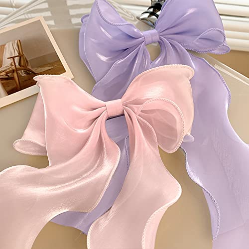papasgix Hair Bow Clips: Big Solid Color Silk Ribbons for Women & Girls (4: Champagne, Blue, Purple, Pink) - color: Champagne+Blue+Purple+Pink