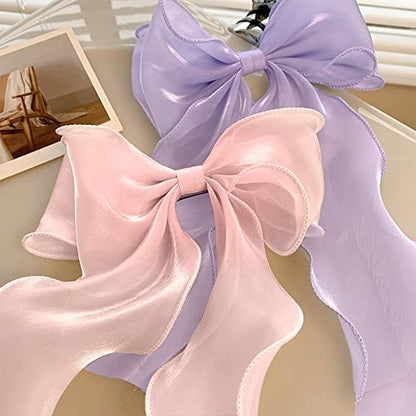 papasgix Hair Bow Clips: Big Solid Color Silk Ribbons for Women & Girls (4: Champagne, Blue, Purple, Pink) - color: Champagne+Blue+Purple+Pink