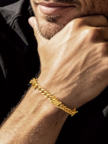 Bandmax Barbed Wire Chain Bracelets for Men Women Stainless Steel/Black/Gold Thorn Cuban Link Bracelet Adjustable Punk Emo Style Jewelry Gift - color: 09 7MM-Gold Plated
