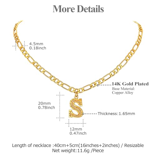 14K Gold Plated Initial Necklaces for Women Men A-Z Letter Necklaces | Figaro Chain, 16"+2" Adjustable Length, with Gift Box - style: S
