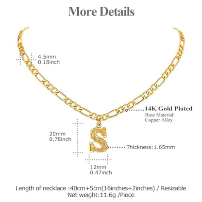 14K Gold Plated Initial Necklaces for Women Men A-Z Letter Necklaces | Figaro Chain, 16"+2" Adjustable Length, with Gift Box - style: S
