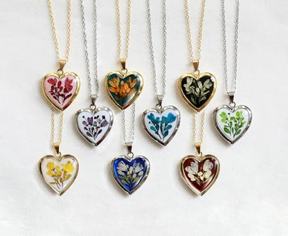 Handmade Dried Pressed Flower Heart Shaped Photo Locket Pendant Necklace - color: Gold, style: Yellow Flower on White
