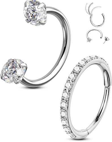 OUFER 2PCS Nose Rings Hoops, 20g Double Gem Horseshoe Threadless Nose Rings for Women, Septum Clicker Daith Tragus Helix Rook Eyebrow Lip Piercing Jewelry - color: Silver