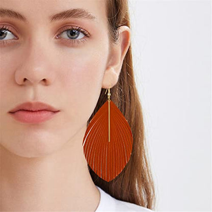 Bohemian Handmade Lightweight Color Large Genuine Soft Leather Fringe Feather Leaf Tear Dangle Drop Earrings for Women Statement - color: Orange