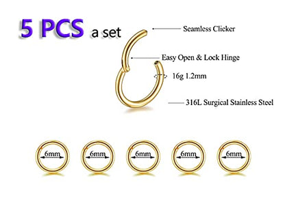 5Pcs 16G 18G Surgical Steel Nose Rings Hoop Tragus Septum Cartilage Hoop Earrings For Women Men Body Piercing Jewelry Kit Bar Length 6mm/8mm/10mm/12mm/14mm - style: 5Pcs -16G - Gold - 6mm