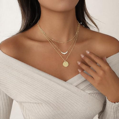 Layered Gold Necklace Set for Women Dainty Waterproof Cute Choker | 14K Gold Plated Minimalist Non Tarnish Lightweight CZ Pendant Pearl Twist Paperclip Chain Jewelry Gifts - style: 3PCS-Zircon round pendant-GD
