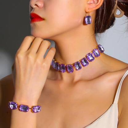 KOSMOS-LI Rectangle Faux Crystal Jewelry Sets Includ Necklace Bracelet Earrings For Women Stocking Stuffers - color: purple