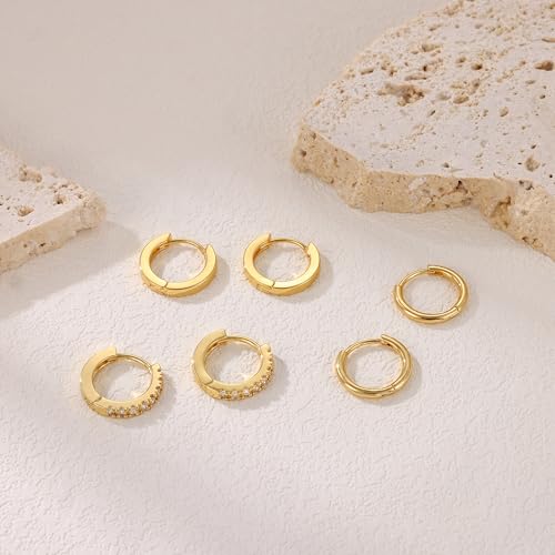 micuco 3 Pairs Small Gold Hoop Huggie Earrings Set for Women Men Tendy | 14K Gold Plated Small Huggie Hoop Earrings for Men, Tiny Cartilage Hypoallergenic Earring Set - style: Q# 3 Pairs Gold 10-10-10mm