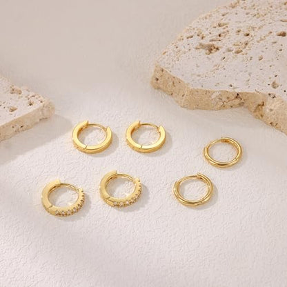 micuco 3 Pairs Small Gold Hoop Huggie Earrings Set for Women Men Tendy | 14K Gold Plated Small Huggie Hoop Earrings for Men, Tiny Cartilage Hypoallergenic Earring Set - style: Q# 3 Pairs Gold 10-10-10mm