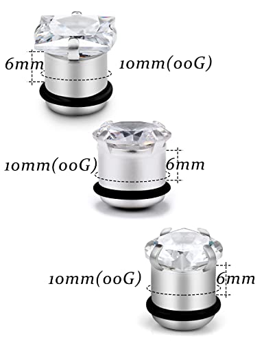 8G 6G 4G 2G 0G 1/2 inch Stainless Steel Ear Gauges - Round, Square, Heart, Cubic Zirconia - 3mm to 12mm - Silver, 3 Pairs - color: Gauge=00g=10mm