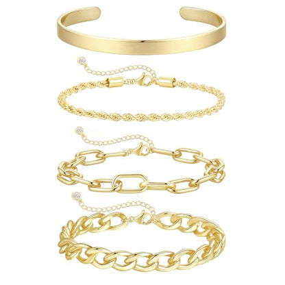 KOHOTA Chunky Gold Bracelets for Women Non Tarnish 14K Gold Plated Cuff Bracelet Stack Trendy Love Bangle Bracelets Stackable Tennis Bracelet Set Tie Knot Cuban Paperclip Figaro Chain Jewelry Gifts - color: A.Cuban bracelet