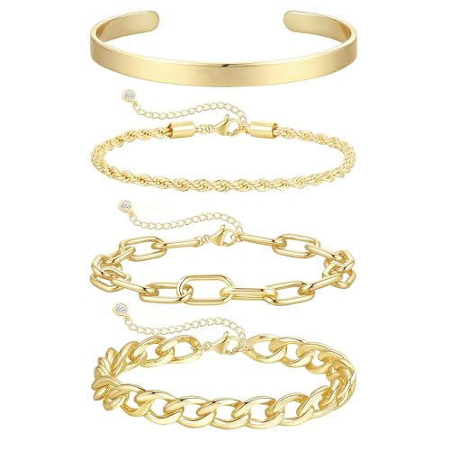 KOHOTA Chunky Gold Bracelets for Women Non Tarnish 14K Gold Plated Cuff Bracelet Stack Trendy Love Bangle Bracelets Stackable Tennis Bracelet Set Tie Knot Cuban Paperclip Figaro Chain Jewelry Gifts - color: A.Cuban bracelet