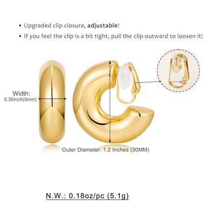 WOWORAMA Chunky Gold Hoop Clip On Earrings for Women | Large Chunky Hoops Clips Earrings, Polished Gold-Plated Clip-On Hoops, Statement Non Pierced Jewelry - color: 30mm Chunky Hoops
