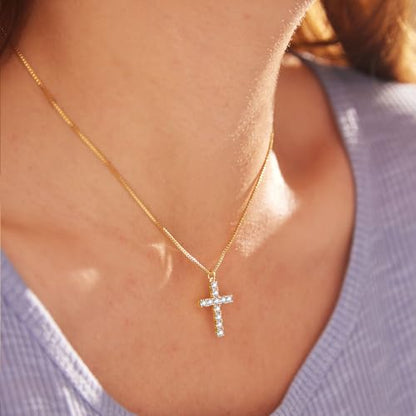 Poxtex Cross Necklace for Women Teen Girls, Dainty 14K Gold Silver Plated Cross Choker Jewelry Non Tarnish Waterproof Cute Simple Small Necklace Christian Baptism Religious Faith Jewelry Gifts - color: 03 Gold Diamond Cross Necklace