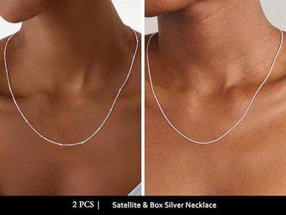 IIEFWELL S925 Sterling Silver Chain Necklace for Women - 1.2/0.8mm Satellite Bead Cable Box Chains Necklace Set, Hypoallergenic Sturdy Women's Silver Chain Necklaces, 16/18/20/22 Inches Jewelry Gifts - color: Box + Satellite, size: 16 Inch (Women's Choker
