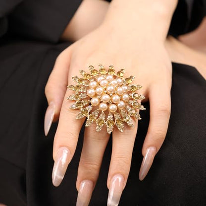 Elegant Big Crystal Ring for Women Gold Stacking Pearl Rhinestone Flower Rings Open Finger Adjustable Crystal Statement Ring Jewelry for Bridal Wedding - color: Crystal 2-gold