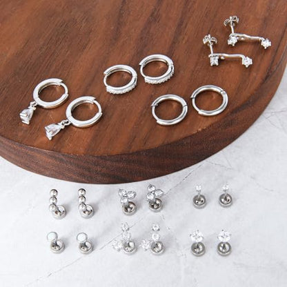 Stainless Steel Stud Earrings Set for Women Hypoallergenic Flat Back Cartilage Earrings Screw Back Huggie Hoop Earrings Multiple Piercing Cubic Zirconia Helix Tragus Jewelry - color: Set-F-Silver