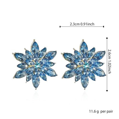 Crystal Flower Burst Stud Earrings Large Big Sparkly CZ Cubic Rhinestone Floral Cluster Flower Stud Earrings Bridal Wedding Party - color: Blue