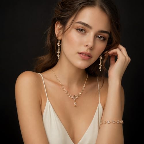 Paxuan Wedding Jewelry Sets for Bride Bridesmaid Bridal Jewelry Set for Women Wedding Crystal Necklace Earrings Bracelet Set for Party Prom Jewelry - color: Champagne - 14K Gold