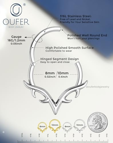 OUFER 16g Septum Rings, Blade Wings Septum Jewelry, V Shape Hinged Segment Clicker, Hypoallergenic Surgical Steel Nose Rings Hoops, Helix Daith Tragus Conch Piercing Jewelry for Women Men Silver/Gold - color: Silver