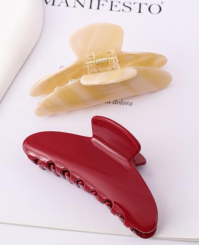 2 Pack Acetate Hair Claw Clips for Women 4 Inch Large Claw Hair Clips for Thin to Thick Hair - color: Red+Cream