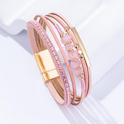 Boho Gemstone Beaded Leather Wrap Bracelets Stackable Chunky Cuff Bracelet Western Jewelry Cowboy Chic Country Concert Outfits for Women - color: Pink