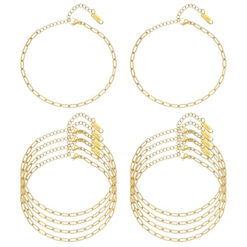 Swyabi 10 PCS Gold Plated Paperclip Bracelet Chains Bulk for Jewelry Making | 18K Stainless Steel, with Extender, No Fade, No Rust, Adjustable, for Men Women DIY, 6.5 Inch - color: 3x7.5mm Gold