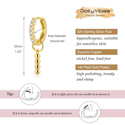 DAILY VIBES Cute Butterfly Star Cross Heart CZ Dangle Earrings for Women | 925 Sterling Silver Post, 14K Gold or Silver Plated, Mini Cubic Zirconia Dainty Drop, Cartilage Small Huggie Hoop Earrings - color: Gold Bead Bar