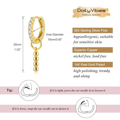 DAILY VIBES Cute Butterfly Star Cross Heart CZ Dangle Earrings for Women | 925 Sterling Silver Post, 14K Gold or Silver Plated, Mini Cubic Zirconia Dainty Drop, Cartilage Small Huggie Hoop Earrings - color: Gold Bead Bar