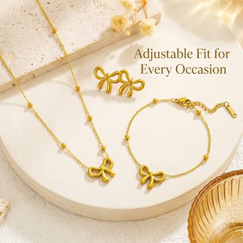 3 Pcs Gold Bow Jewelry Set - Dainty Ribbon Necklace. Outstanding Coquette Aesthetic Accessories Featuring Matching Bracelet Studs, Minimalist Beaded Satellite Chain