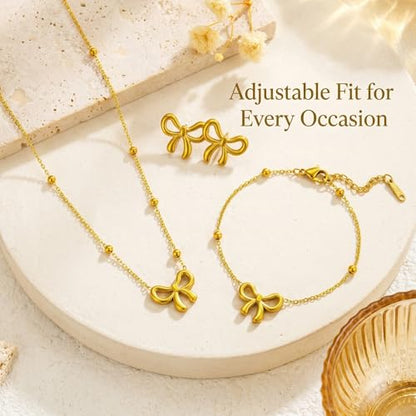 3 Pcs Gold Bow Jewelry Set - Dainty Ribbon Necklace. Outstanding Coquette Aesthetic Accessories Featuring Matching Bracelet Studs, Minimalist Beaded Satellite Chain