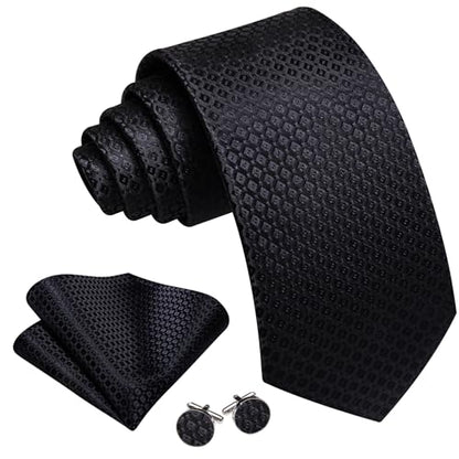 YOHOWA Men Plaid/Striped Ties Clip Set Silk Necktie Pocket Square Cufflinks | Woven Classic,Formal/Casual Mens Tie,Pocket Square Cufflinks Set,Luxury,Business,Wedding,Party,Prom,Graduation - color: Black B