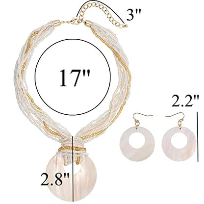 Coiris Multi Strand Statement Colorful Beaded Necklace with Big Circle Shell Pendant for Women - color: Natural