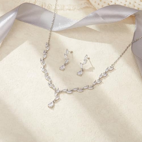 EVER FAITH Pear Shaped Cubic Zirconia Bridal Wedding Jewelry Set for Women | Gorgeous Water Drop Bride Necklace Dangle Earrings, for Bride Bridesmaid - color: Silver Plated
