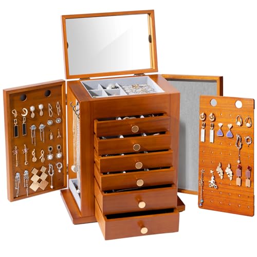 ProCase Large Jewelry Box, 7-Layer Wooden Jewelry Boxes for Women, Jewellery Holder Organizer Storage Case with Mirror for Earrings Necklace for Dresser -Brown - color: Brown, size: 7-Layer