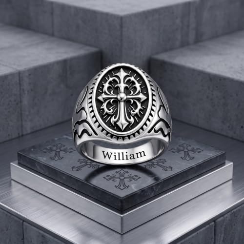 Dacc & Aya Custom Engraved Vintage Signet Ring 925 Sterling Silver Black Oxidized Personalized Statement Jewelry for Men - style: D-Cross