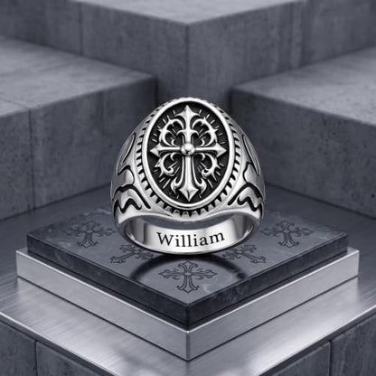 Dacc & Aya Custom Engraved Vintage Signet Ring 925 Sterling Silver Black Oxidized Personalized Statement Jewelry for Men - style: D-Cross