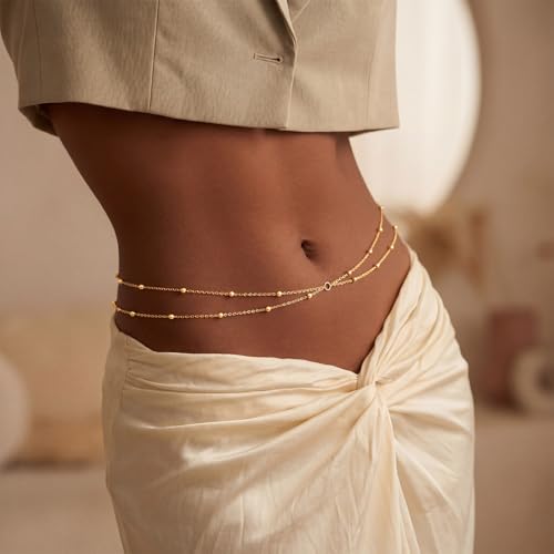 Layered Waist Chain for Women Waterproof, 14K Gold/Silver Plated Belly Chain Belt Waist Beads Chain Herringbone Snake Satellite Body Chain Beach Summer Fashion Jewelry Gift - style: Style 2